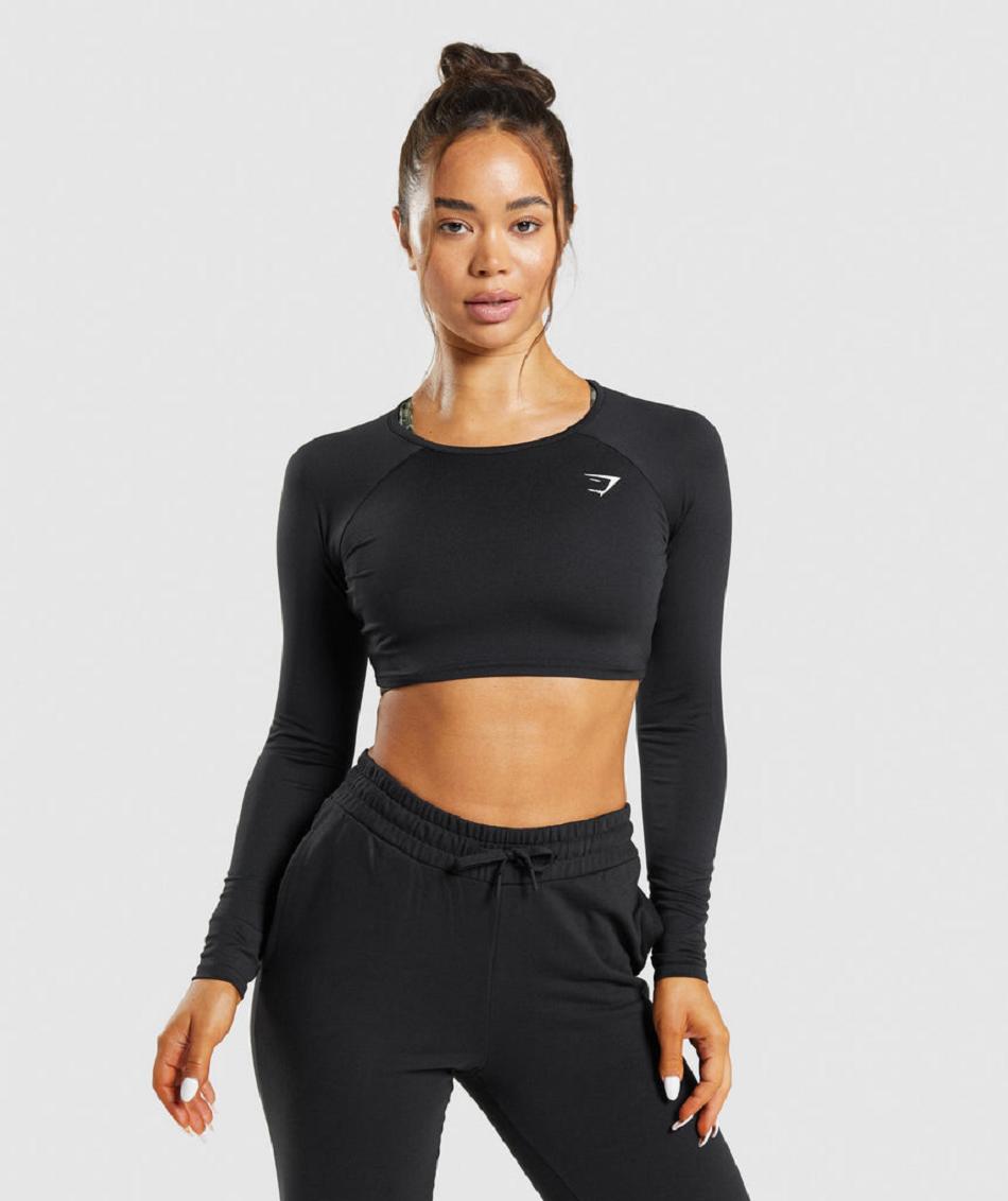 Przycięte Topy Damskie Gymshark Treningowe Long Sleeve Czarne | PL 2607CTV